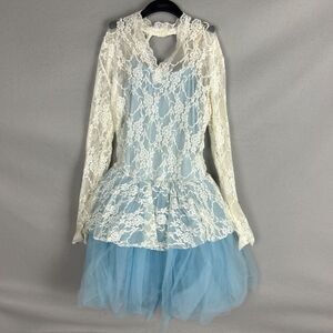 Ballet Leotard Adult Medium Blue Tulle Lace Long Sleeve Stage Costume Dancewear